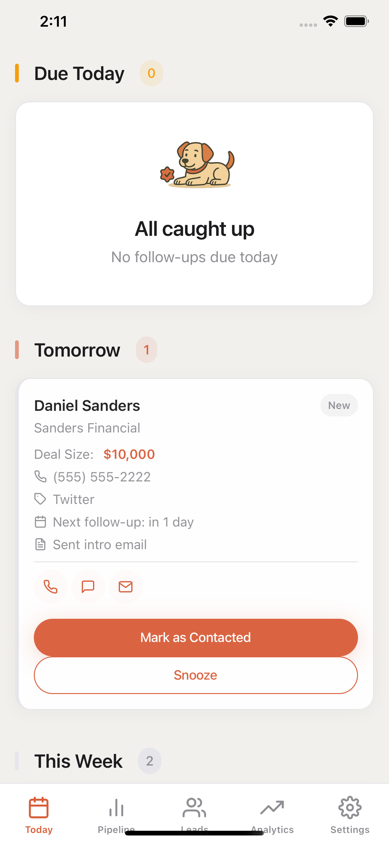 Screenshot of the Today View screen showing overdue contacts, today's priorities, and the clean daily queue